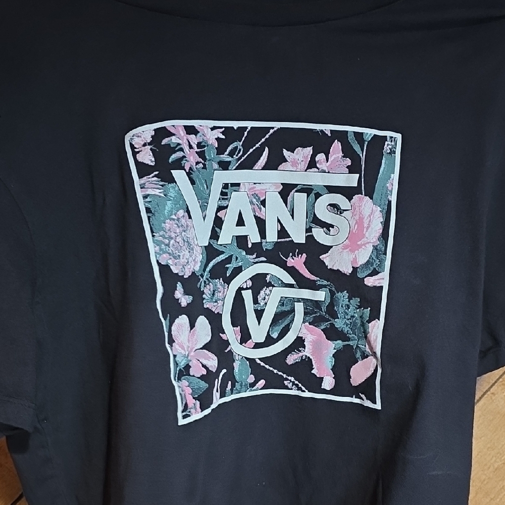 Vans Womens Floral Box Logo Graphic Crop T-Shirt Black Pink Large